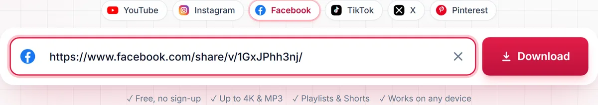 A Facebook video link pasted into the SaveDock download box, with the Facebook tab selected