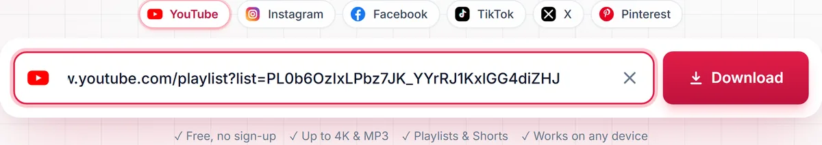 A YouTube playlist link pasted into the SaveDock download box