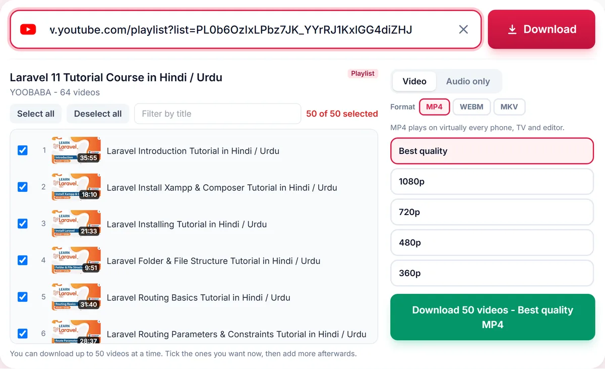 YouTube playlist picker: a checkbox for every video, Select all, a title filter and one quality for the whole batch