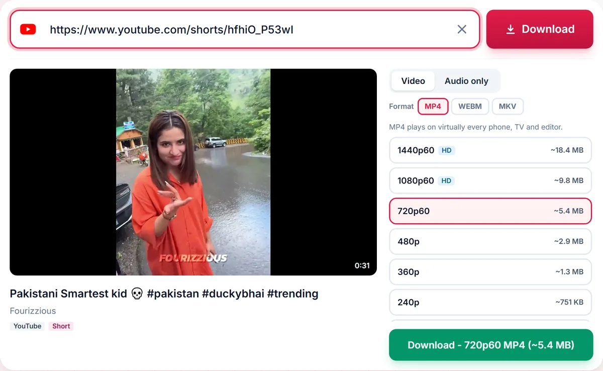A YouTube Short ready to download, showing its vertical thumbnail and qualities from 1440p down to 240p